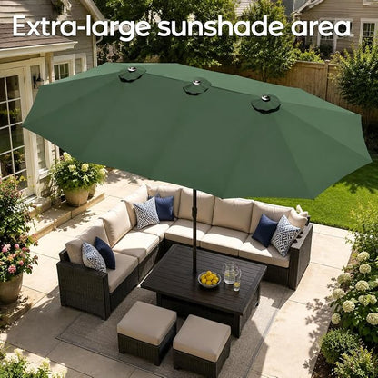DomeShade 15ft Large Patio Umbrella with Base Included, Outdoor Double-Sided Rectangular Market Umbrella with Crank Handle,Heavy Duty Extra Large Outside Umbrella for Backyard,Pool,Deck,Lawn,Green