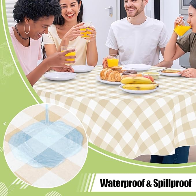 Smiry Oval Table Cloth, Vinyl Tablecloths with Flannel Backing, 60"x102" | Waterproof Picnic Table Cloth, Wipeable Buffalo Plaid Table Cover for Indoor and Outdoor (White & Beige)