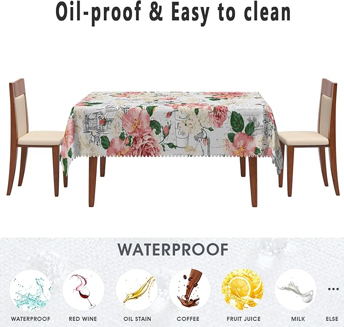 Modern Flowers Rectangular Tablecloth 52x70 Inch Vintage Style French Flower Seasonal Wrinkle Free Polyester Wedding Birthday Oblong Table Cover for Dining Table Farmhouse Kitchen