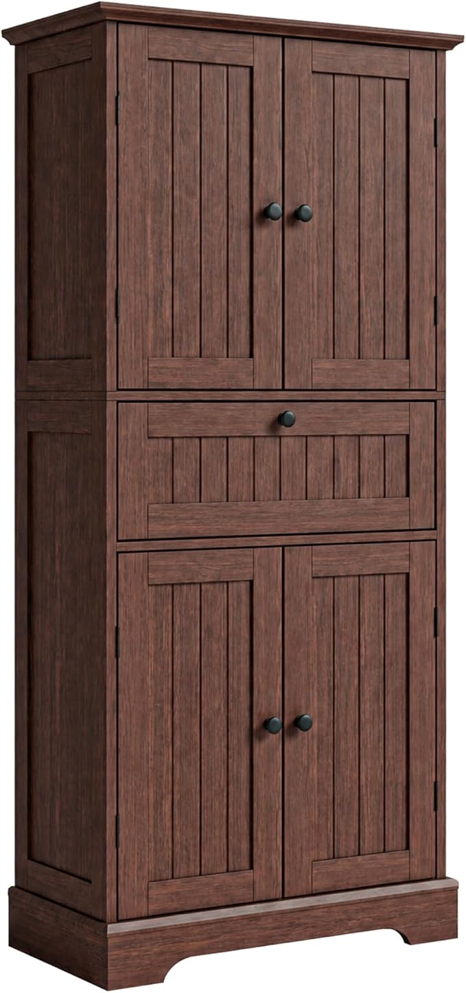 ChooChoo 51" H Bathroom Floor Cabinet with Drawers and Adjustable Shelves | Bathroom Storage Cabinet, Freestanding Kitchen Pantry Cupboard with 4 Doors for Living Room, Walnut