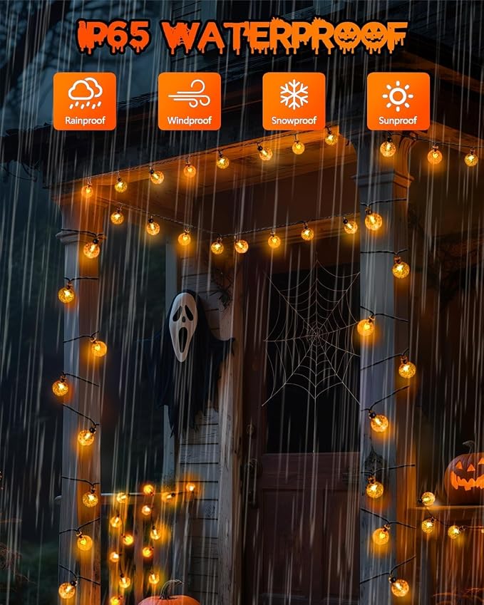 LORRYTE 2 Pack 64FT 100 LED Crystal Globe Solar Halloween Lights, Orange | Halloween String Lights Outdoor Waterproof, 8 Modes, Solar Powered Halloween Decorations for Outside Garden Patio Party Yard