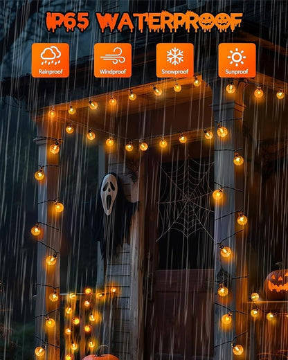 LORRYTE 2 Pack 64FT 100 LED Crystal Globe Solar Halloween Lights, Orange | Halloween String Lights Outdoor Waterproof, 8 Modes, Solar Powered Halloween Decorations for Outside Garden Patio Party Yard