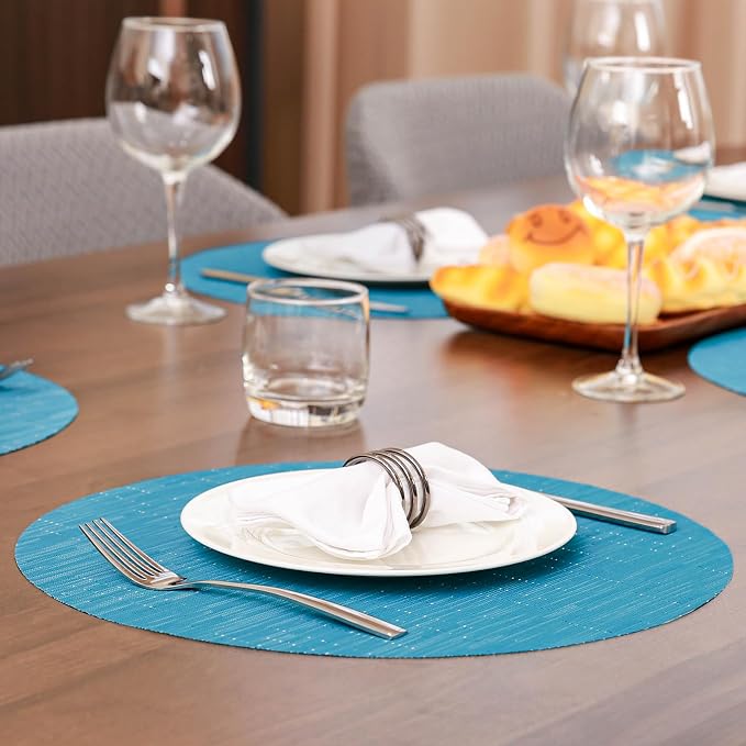 Round Placemats Set of 8 Heat Resistant Vinyl Placemats 15 inch Washable Non-Slip Table Mats Woven Place Mats for Dining Table (Blue, Set of 8)