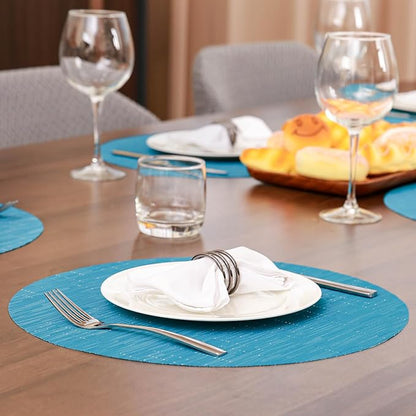 Round Placemats Set of 8 Heat Resistant Vinyl Placemats 15 inch Washable Non-Slip Table Mats Woven Place Mats for Dining Table (Blue, Set of 8)