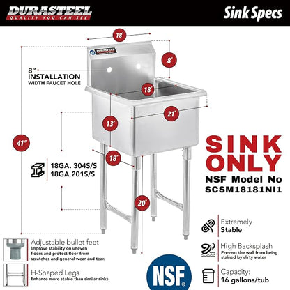 DuraSteel 304 Commercial Stainless Steel Utility Sink - 18 Inch Tub Freestanding Prep Kitchen Sink - NSF Hand Wash Station for Kitchen Sinks, Outdoor, Laundry Room, Garage Slop Small Kitchenette