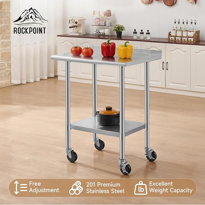 ROCKPOINT All Stainless Steel Prep Table with Caster & Backsplash 24x30 Inch，Commercial Heavy Duty Workbench with Stainless Legs & Adjustable Undershelf,710 lb Capacity for Outdoor Kitchens with Wheel