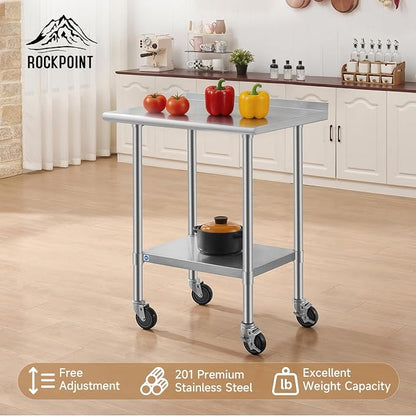 ROCKPOINT All Stainless Steel Prep Table with Caster & Backsplash 24x30 Inch，Commercial Heavy Duty Workbench with Stainless Legs & Adjustable Undershelf,710 lb Capacity for Outdoor Kitchens with Wheel