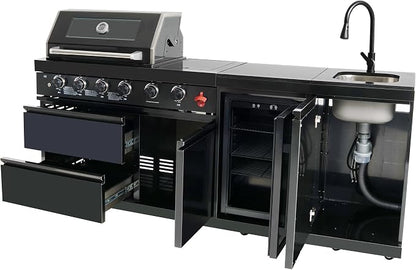 85 Inch Outdoor Kitchen Island, 4-Burner 72000 BTU Propane Gas Outdoor Kitchen Bar Barbecue Island Grill with Side/Rear Burners, With Refrigerator and Sink, Rotisserie, Granite Countertops, Storage