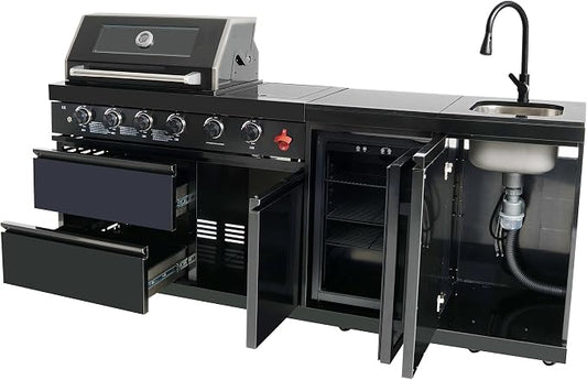 85 Inch Outdoor Kitchen Island, 4-Burner 72000 BTU Propane Gas Outdoor Kitchen Bar Barbecue Island Grill with Side/Rear Burners, With Refrigerator and Sink, Rotisserie, Granite Countertops, Storage