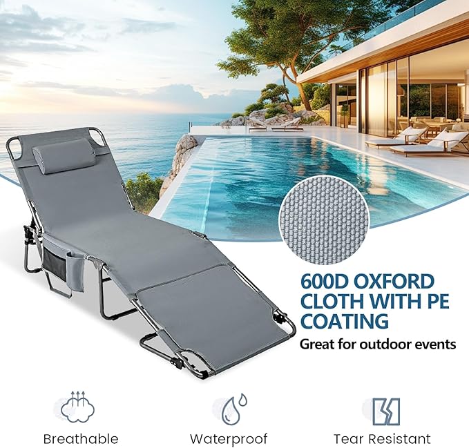 Tanning Chair with Face Hole, Adjustable Folding Chaise Lounge Chairs for Outside with Detachable Pillow & Pocket，Portable flat beach chairs for sunbathing, beach lawns camping (Deep Grey, Oversized)