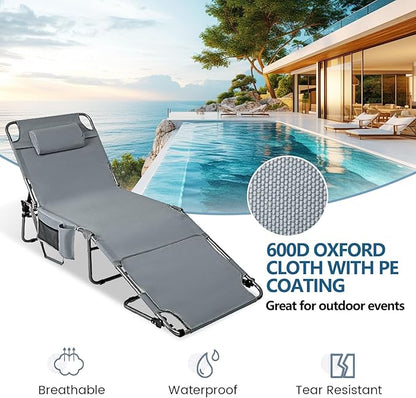 Tanning Chair with Face Hole, Adjustable Folding Chaise Lounge Chairs for Outside with Detachable Pillow & Pocket，Portable flat beach chairs for sunbathing, beach lawns camping (Deep Grey, Oversized)