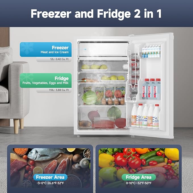 4.3 Cu.ft Mini Fridge with Freezer, Compact Refrigerator for Bedroom Office Dorm RV, Single Door Adjustable Temperature, Removable Shelves & Crisper Drawer