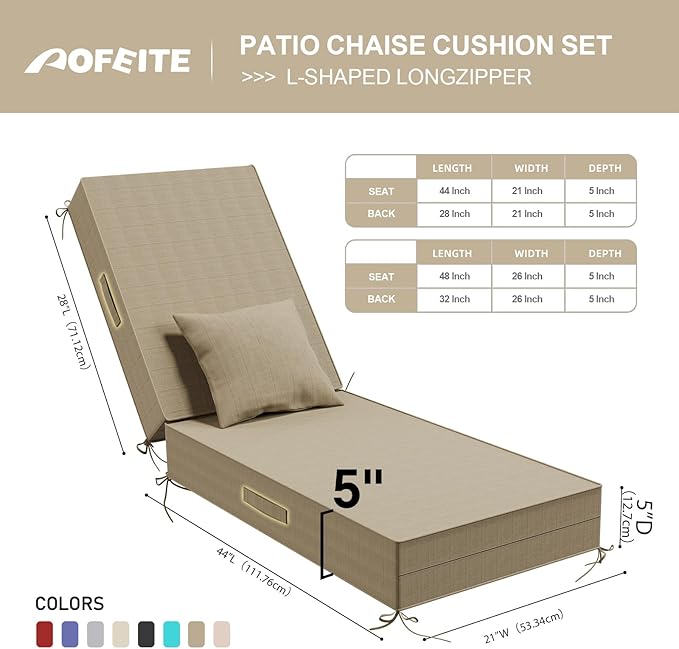 Outdoor Water-Resistant Olefin Chaise Lounge Cushions with Pillow, Weather and Fade Resistant Patio Furniture Lounge Chair Cushion Ideal for Patio, Lawn, Garden, Beige, 72" L x 21" W x 5" T