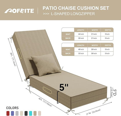 Outdoor Water-Resistant Olefin Chaise Lounge Cushions with Pillow, Weather and Fade Resistant Patio Furniture Lounge Chair Cushion Ideal for Patio, Lawn, Garden, Beige, 72" L x 21" W x 5" T