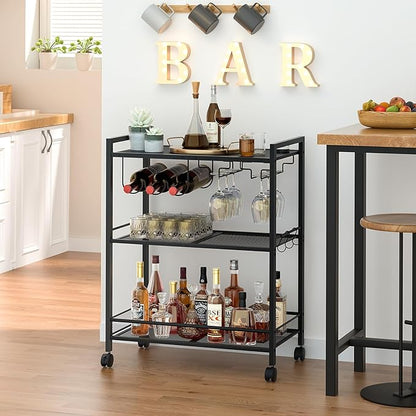Joaxswe Bar Cart,3-Tier Home Bar Serving Cart with Lockable Wheels,Black | Microwave Cart,Mobile Kitchen Shelf,Rolling Beverage Cart with Wine Rack and Glass Holder for Kitchen,Dinning Room