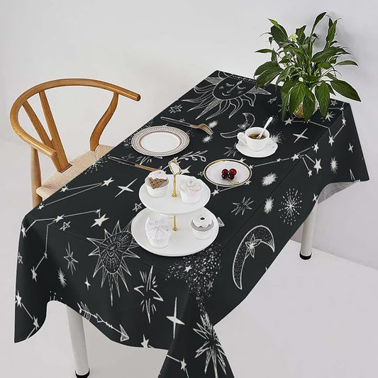 Sun Moon Tablecloth Boho Astrology Celestial Star Crescent Galaxy Space Table Cloth Water Resistant Wipeable Table Cover for Picnic Party Holiday Kitchen Dinner Table 60"x110"