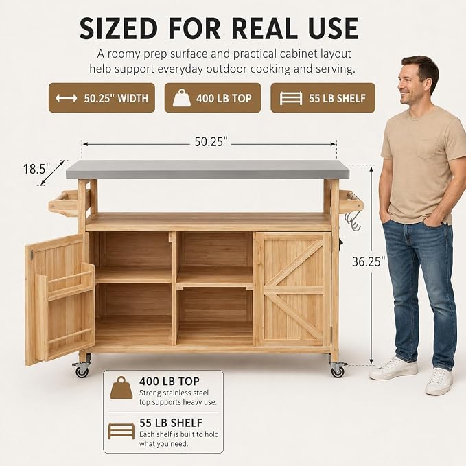 Outdoor Kitchen Island, 50.25" Rolling Grill Table with Storage Cabinet, 201 Stainless Steel Top Outdoor Bar Cart, Solid Fir Wood BBQ Prep Station with Adjustable Shelves, Spice Rack (Natural)