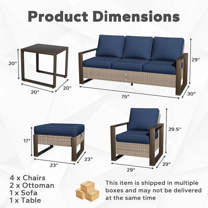 Joyside Outdoor Patio Chairs, 8 Pieces Wicker Rattan Furniture Set, 4 Patio Chairs, 1 Sofa, 2 Ottoman and 1 Table, Metal Wide Armrest, Thick Cushions and Deep Seating for Garden, Backyard, Porch
