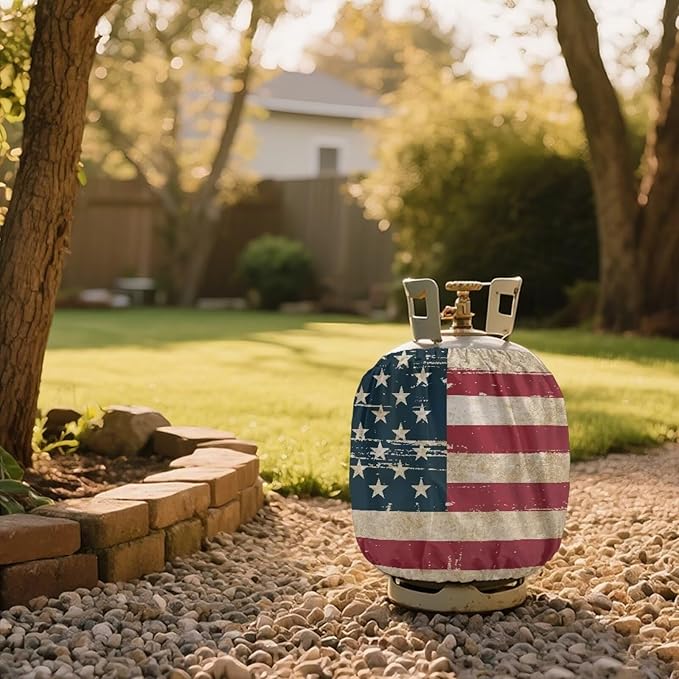 Retro American Flag Propane Tank Cover 20 lb Patriotic Weather Resistant Gas Cylinder Polyester Blue Red 4th of July Decoration Slip-On Standard Tank Cover