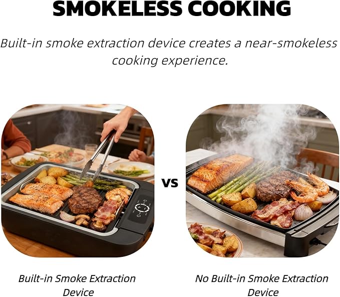 Indoor Smokeless Grill & Griddle 1100W Electric Gill Korean BBQ Low Smoke with Fan 6-Speed Temperature Control Non-Stick ‎Grill Plate with Drain Holes Dishwasher Safe 5-Serving Apartment Dorm