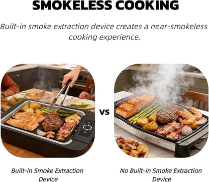 Indoor Smokeless Grill & Griddle 1100W Electric Gill Korean BBQ Low Smoke with Fan 6-Speed Temperature Control Non-Stick ‎Grill Plate with Drain Holes Dishwasher Safe 5-Serving Apartment Dorm