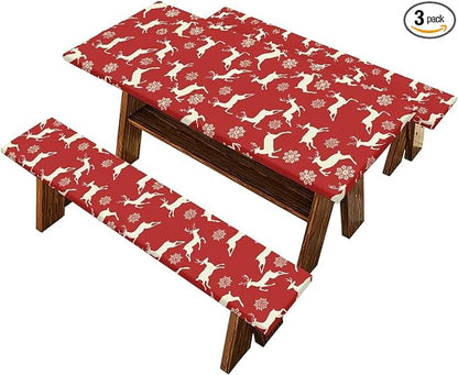 Xmas Picnic Table Cover with Bench Covers 3 PCS Christmas Reindeer Snowflake Fitted Picnic Table Cover for Outdoor Camping Accessories