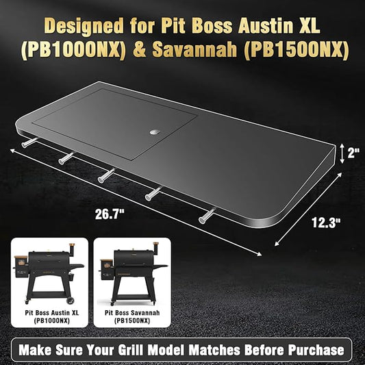 Uniflasy Upgraded Folding Front Shelf for Pit Boss Austin XL Accessories for Pit Boss Savannah Pellet Grill, 29.5" Grill Prep Table with Cutting Board, Collapsible Basin, Lid & Hooks