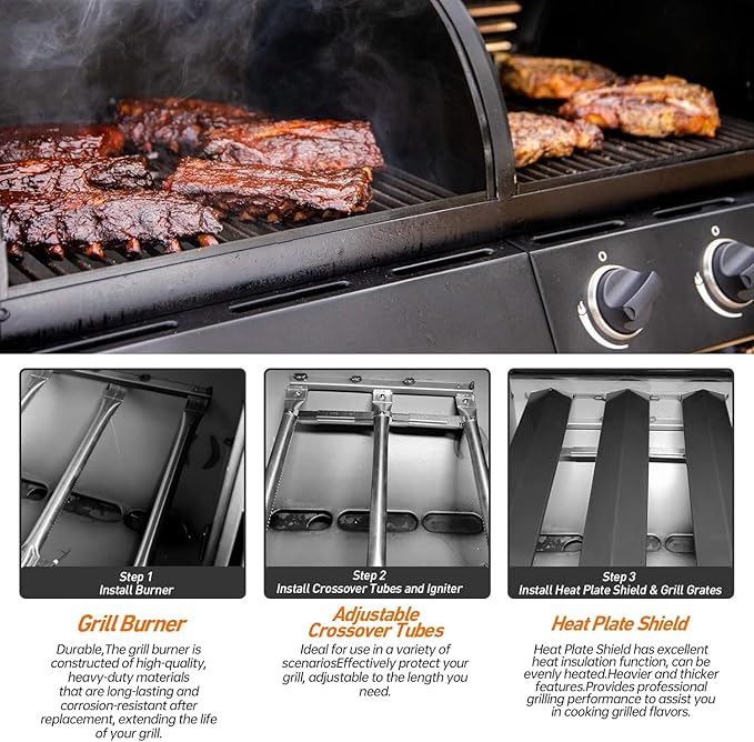 Grill Replacement Parts for Oklahoma Joe's Longhorn Combo 3-Burner Charcoal/Gas Smoker, Heat Plate Shield 1767017 1767054 16202046 Grill, Grill Parts Burner Tube & Crossover Tubes for Oklahoma Joe