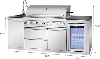 Silver 6-Burner 85000 BTU Stainless Steel Propane Gas Outdoor Kitchen Island Grill with Single Door Cabinet & Wine Cooler Refrigerator | Ideal for Patio, Backyard BBQ & Outdoor Gatherings