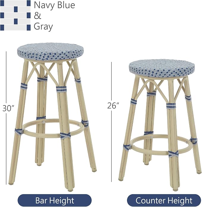 Seadrift Boho 30-inch Aluminum and All-Weather Wicker Barstools with Footrest, Patio Stools & Bar Chairs for Outdoor, Kitchen Counter, Poolside, Yard, Set of 2, Gray and Navy Blue