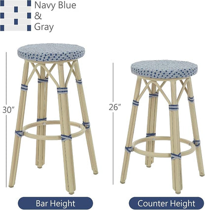 Seadrift Boho 26-inch Aluminum and All-Weather Wicker Barstools with Footrest, Patio Stools & Bar Chairs for Outdoor, Kitchen Counter, Poolside, Yard, Set of 2, Gray and Navy Blue