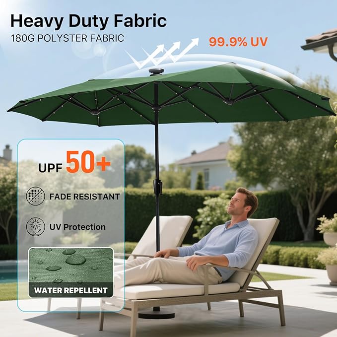 FREE SOLDIER 13ft Patio Umbrella with 36 LED Solar Lights Double Sided Outdoor Umbrella for Patio Table Umbrella with Solar lights for Garden Yard Pool (Dark Green)