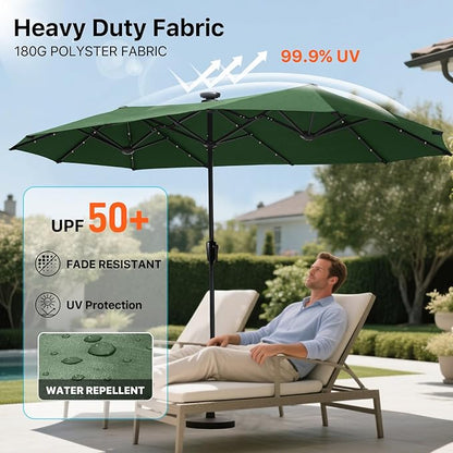 FREE SOLDIER 13ft Patio Umbrella with 36 LED Solar Lights Double Sided Outdoor Umbrella for Patio Table Umbrella with Solar lights for Garden Yard Pool (Dark Green)