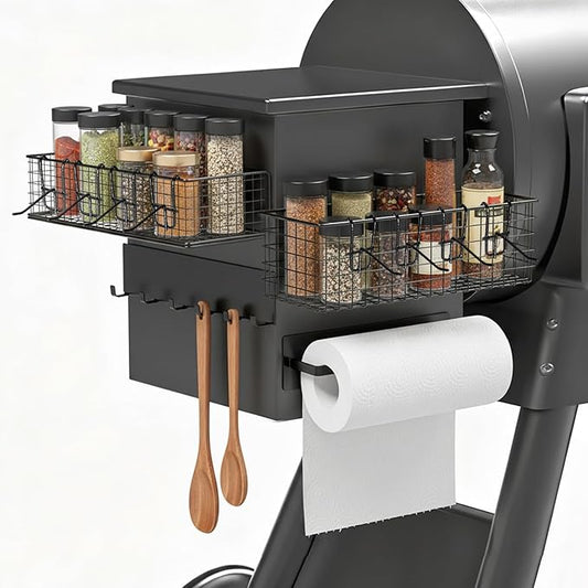 Maxdot 2 Pack Magnetic Storage Bins for Pellet Smoker Grill, 1 Large & 1 Small Grill Caddy with Paper Towel Holder and Hooks, BBQ Organizer Accessories for Most Pellet Grills