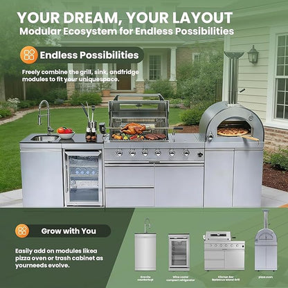 112" Modular Outdoor Kitchen,108,000 BTU Stainless Steel Propane Grill with Built-In Pizza Oven,Side Burner,Rotisserie,Refrigerator,Granite Countertop,Storage Drawers & Cabinets.