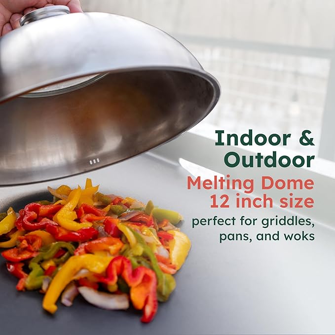 Basting Cover for Griddle with Thermometer and Glass Top, 12-Inch Stainless Steel Melting Dome with Steam Vent for BBQ and Grilling on Flat Top, Blackstone Griddle Accessories