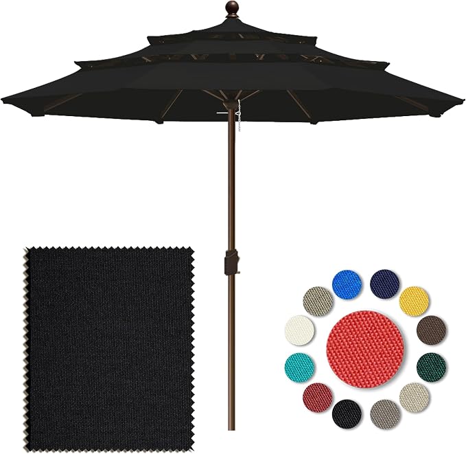 Eurmax USA 10-Year-Non-Fading 10FT 3-Tier Outdoor Patio Market Umbrella,UPF50+ UV Resistant,Heavy Duty Commercial Grade,Crank Lift Design,Windproof Vented Top for Garden,Pool,Deck,Black