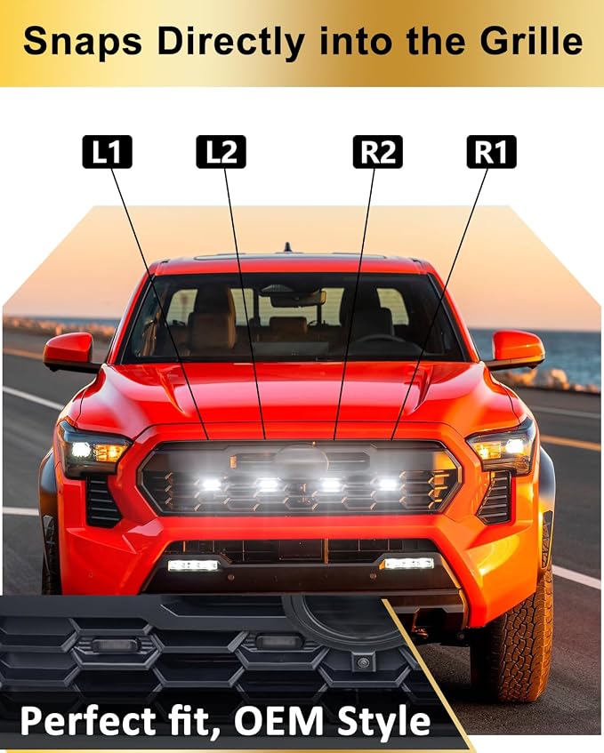Grill Light for Toyota Tacoma 2024-2026 TRD Sport Offroad PreRunner, White | 4th Gen Tacoma Raptor Grille Lights, Upgrade Tacoma Front LED Lights, Snap-in Installation, OEM Style, Off-road Driving