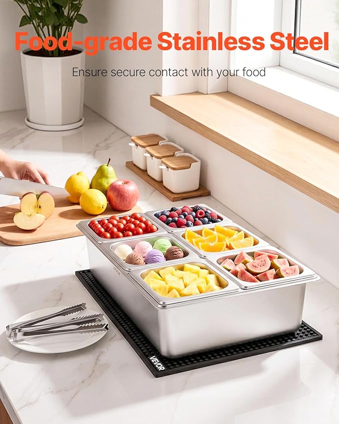 VEVOR Countertop Food Serving Display Container, Stainless Steel Food Salad Server Tray, Buffet Condiment Dispenser, Ice Cooled Rack with Separate Lid, for Restaurant, Hotel, Party (6x1/6 Pan)