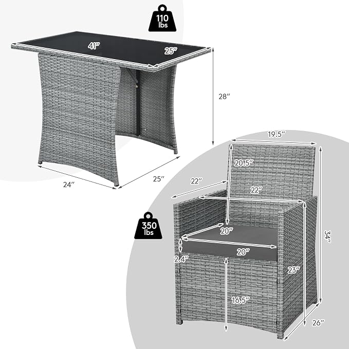 DORTALA Wicker Outdoor Bistro Set 3 Piece, Patio Furniture Set for Small Space with Table & Dining Chairs, Rattan Conversation Sofa Set for Balcony, Porch, Backyard, Deck, Grey