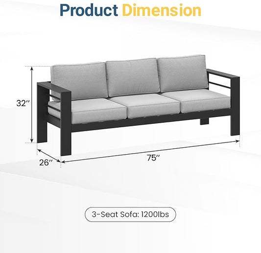 Wisteria Lane Metal Patio Furniture Sofa, All-Weather Outdoor Couch with Upgraded Cushions, Weather-Resistant Heavy Duty Modern Outdoor 3 Seats Sofa for Garden, Balcony, Deck, Backyard, Light Grey