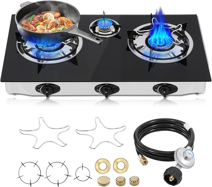 Propane Gas Cooktop,3 Burners Gas Stove portable, 0.28"Tempered Glass, Auto Ignition Camping 3 Burner LPG for RV,Apartments,Outdoor