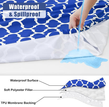 Smiry Picnic Table Cover with Bench Covers, Waterproof Elastic Fitted Tablecloth for 8 Foot Tables, Washable Polyester Tablecloths for Camping, Indoor & Outdoor (Blue, 30x96 Inch 3-pc Set)