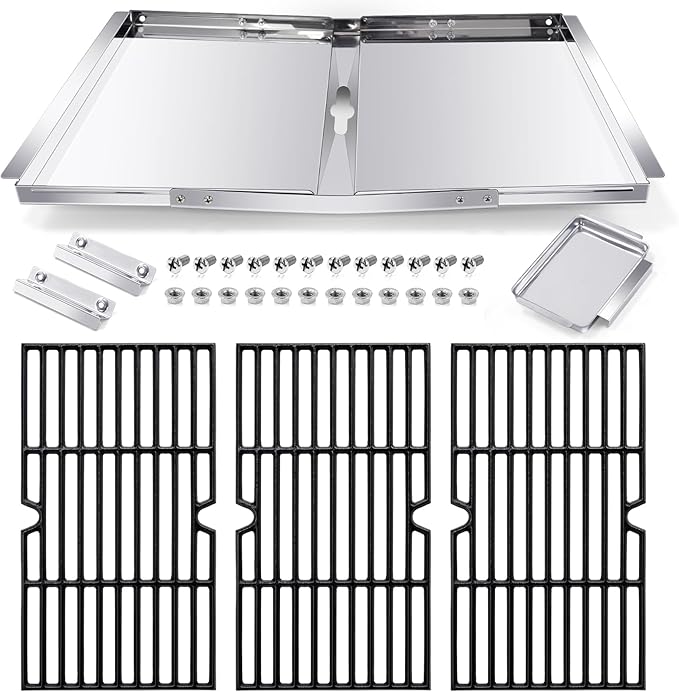 Hiorucet Grill Grates & Grease Tray Replacement Parts for Dyna Glo DGF493BNP, DGH474CRP, Backyard BY13-101-001-12, GBC1440W, Kenmore 146.23678310, Adjustable 24''-30'' Drip Pan, Grid Cooking Grates.