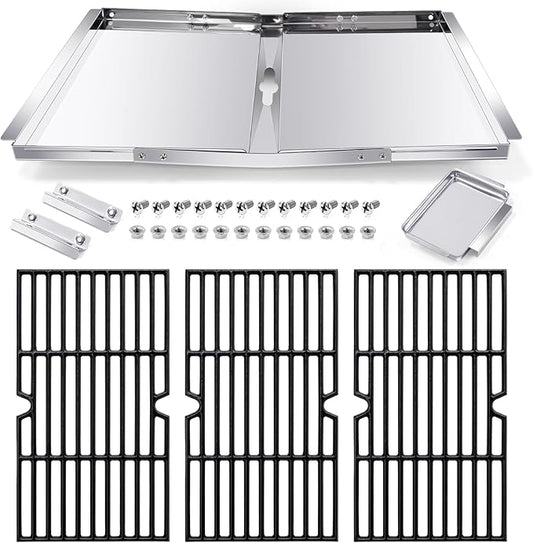 Hiorucet Grill Grates & Grease Tray Replacement Parts for Dyna Glo DGF493BNP, DGH474CRP, Backyard BY13-101-001-12, GBC1440W, Kenmore 146.23678310, Adjustable 24''-30'' Drip Pan, Grid Cooking Grates.