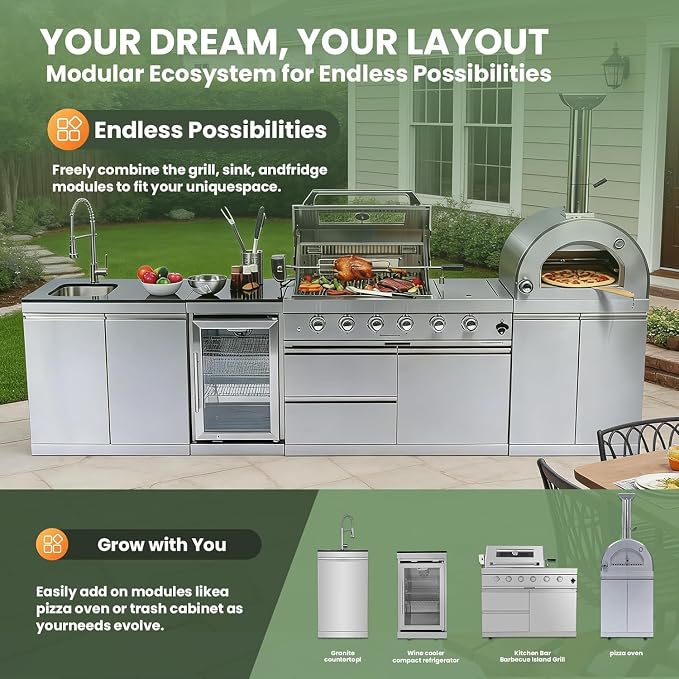 125" Outdoor Kitchen Island,Stainless Steel Natural Gas BBQ Grill with with Standalone Side Burner Pizza Oven, Rotisserie, Refrigerator, Granite Countertop, Storage Cabinets Drawers 108000 BTU.