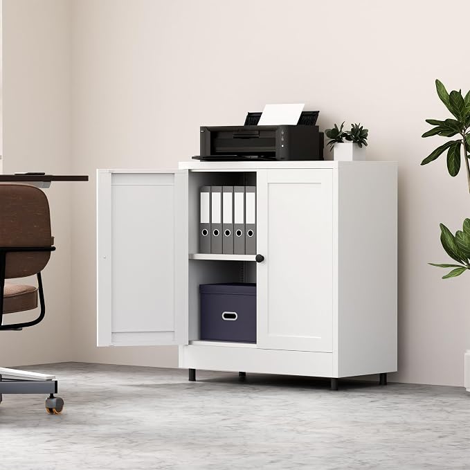 Metal Storage Cabinet with 2 Doors and Adjustable Shelf, Steel Sideboard Buffet Cabinet for Home Office Hallway Entryway Kitchen Living Dining Room (White)