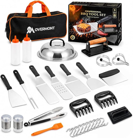 Overmont 31PC Griddle Accessories Kit, Spatula Set with Basting Cover Press | Flat Top Grill Tool Set with Enlarged Spatulas Scraper Tong Carry Bag, Professional Barbecue Gift for Outdoor BBQ Teppanyaki