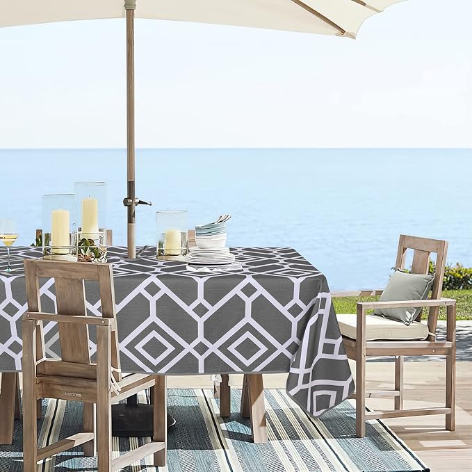 LUSHVIDA Moroccan Outdoor Tablecloth with Umbrella Hole and Zipper, 60 x 102 Inch Grey, Rectangle Waterproof Wrinkle Free Table Cloth Decorative Fabric Washable Table Cover for Patio, Party, Picnic
