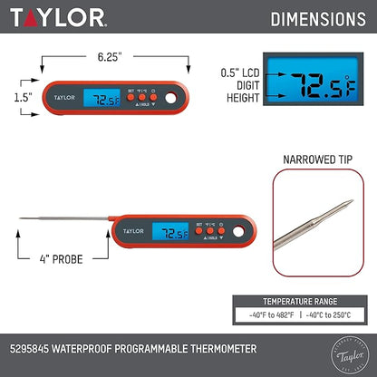 Taylor Digital Waterproof Meat Thermometer for GLP-1 High Protein Meal Prep – Folding Probe for Chicken, Salmon, Steak – Programmable Presets, Backlit Display for Oven, Grill, Orange